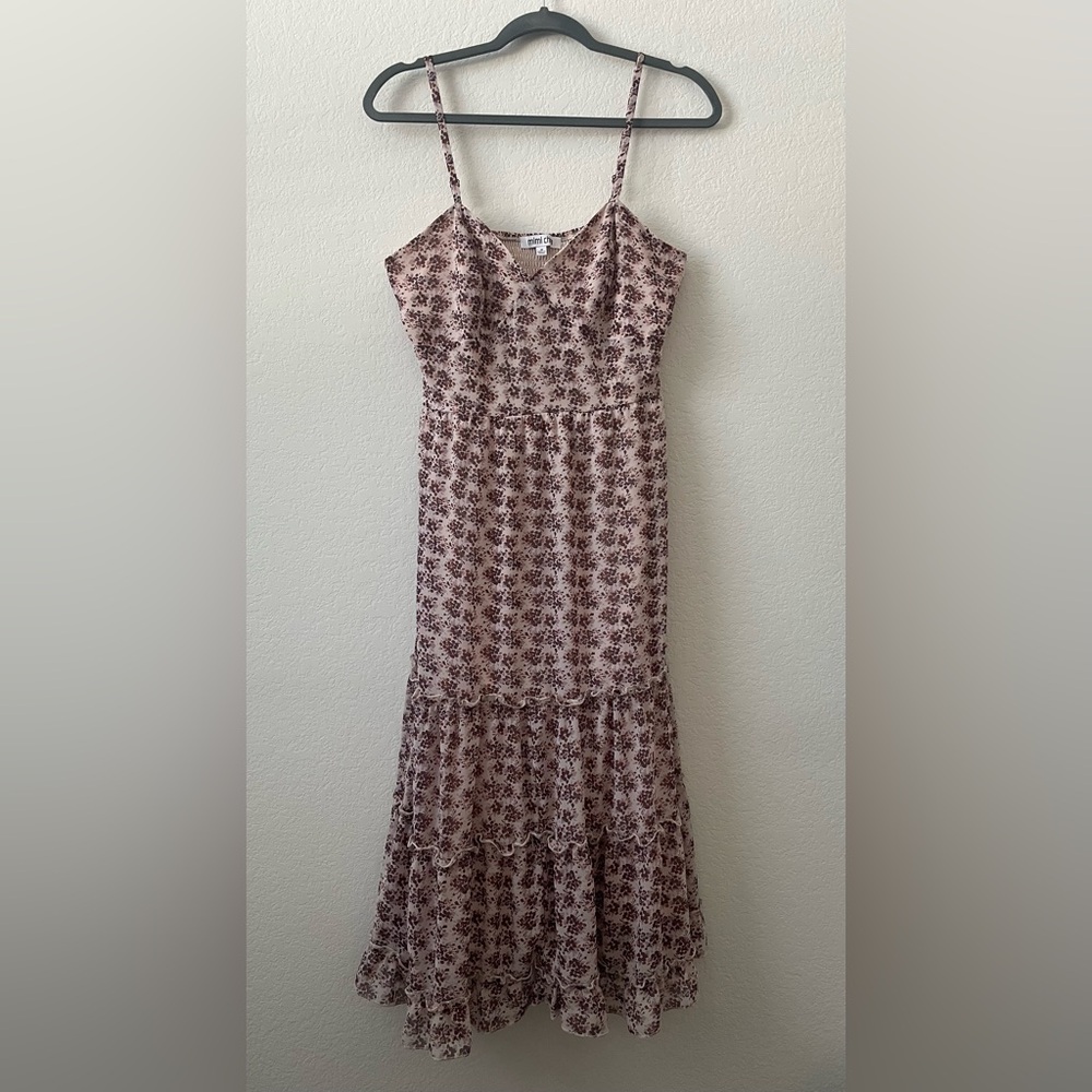 Mimi Chica Floral Tiered-like Ruffle Ankle-Length Spaghetti Strap Dress Womens M
